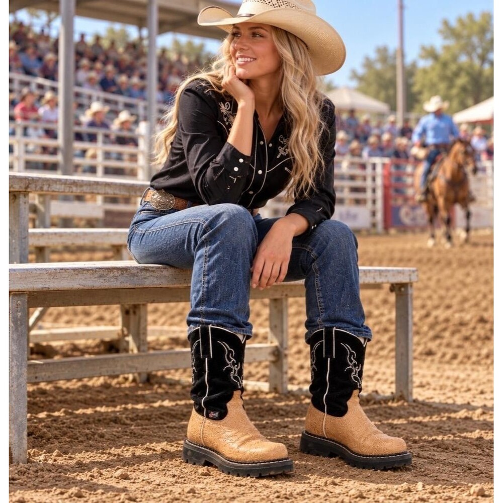Justin Gypsy Western Boots Women 8 Black Tan Leather Rodeo Cowgirl Roper Style